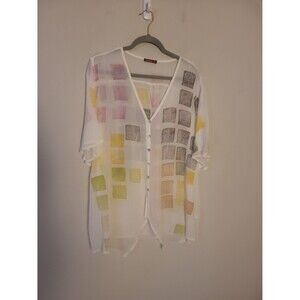 Barbara Lesser Ivory Sheer V-neck Top Sz XL Lagenlook Artsy Beachy